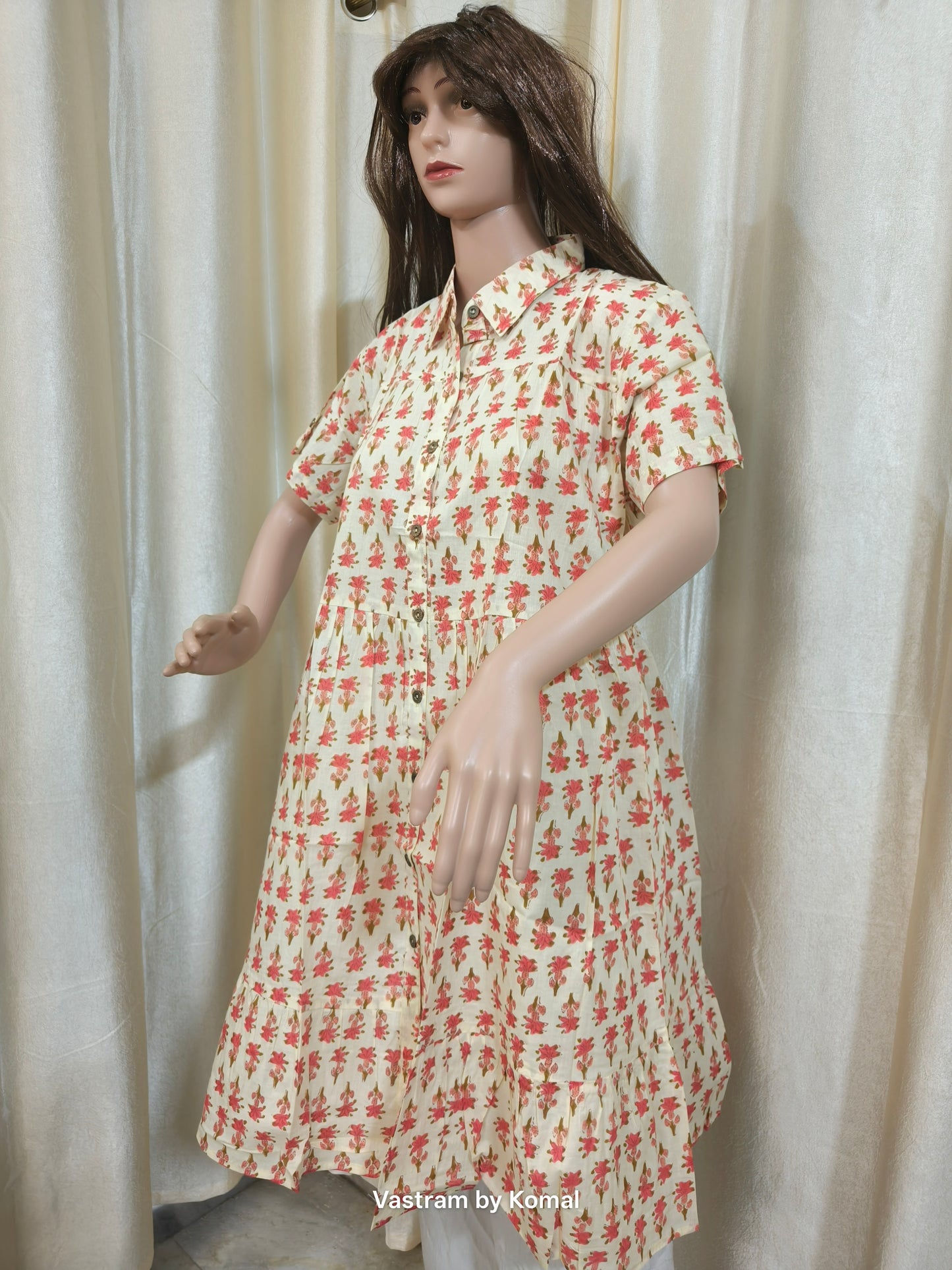 Kurti - Red Floral Printed with Belt (Cotton)