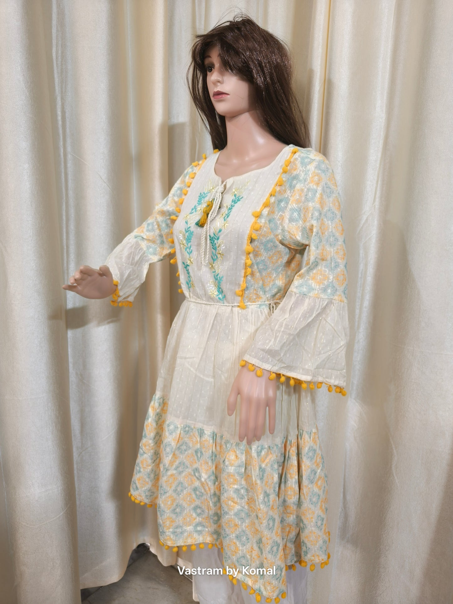 Kurti/Flared Dress - Embroidered & Tasseled (Cotton)