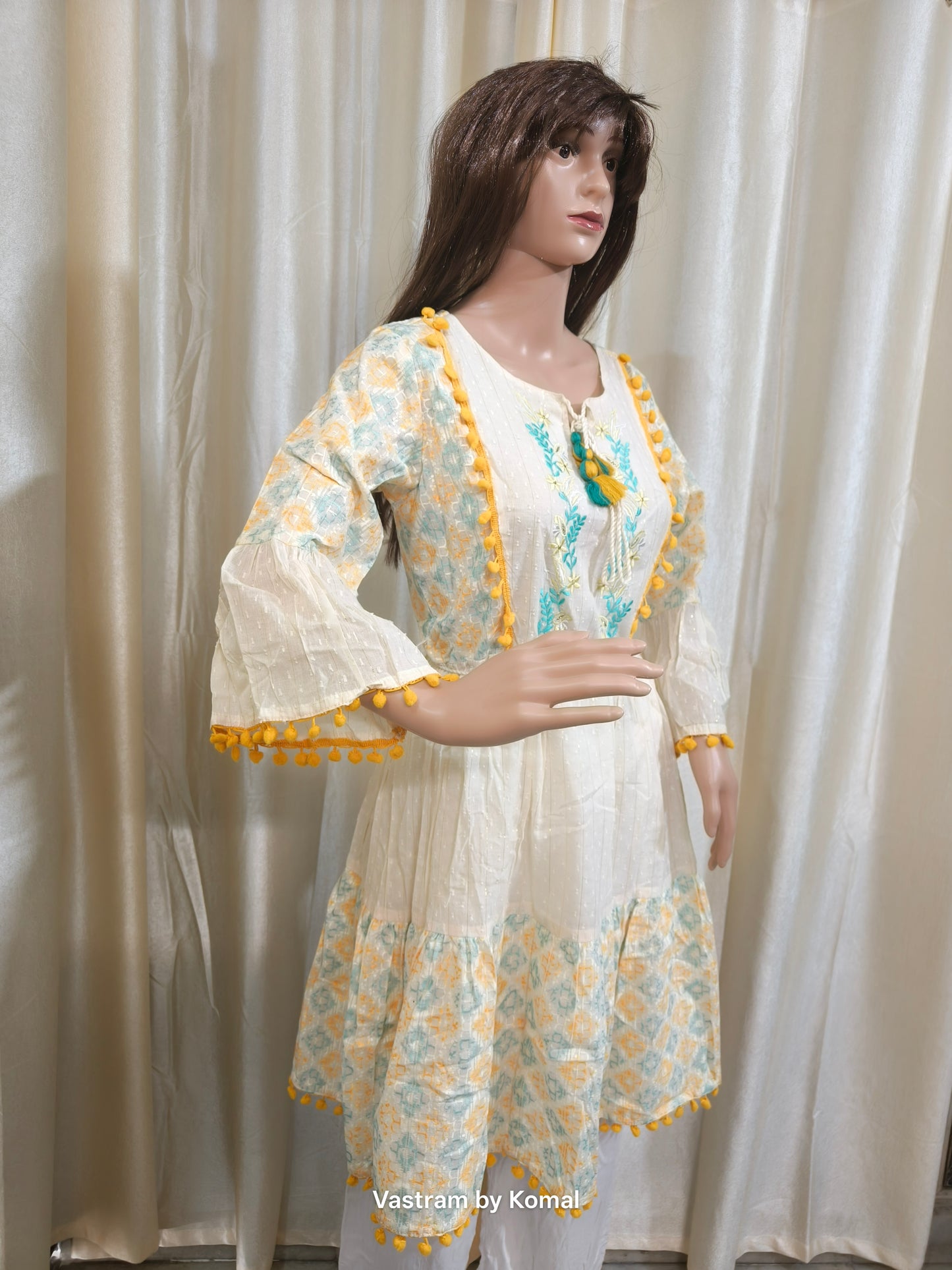 Kurti/Flared Dress - Embroidered & Tasseled (Cotton)