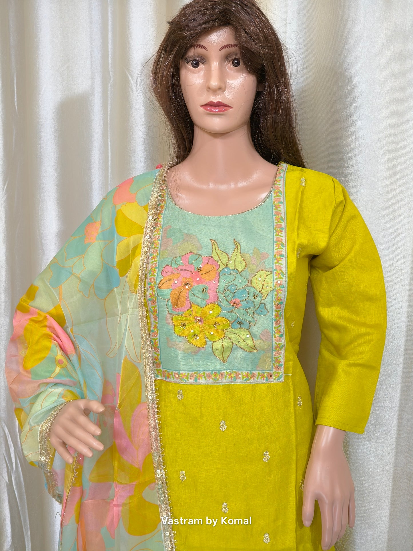 Suit Set - Roman silk, Floral design, lace border