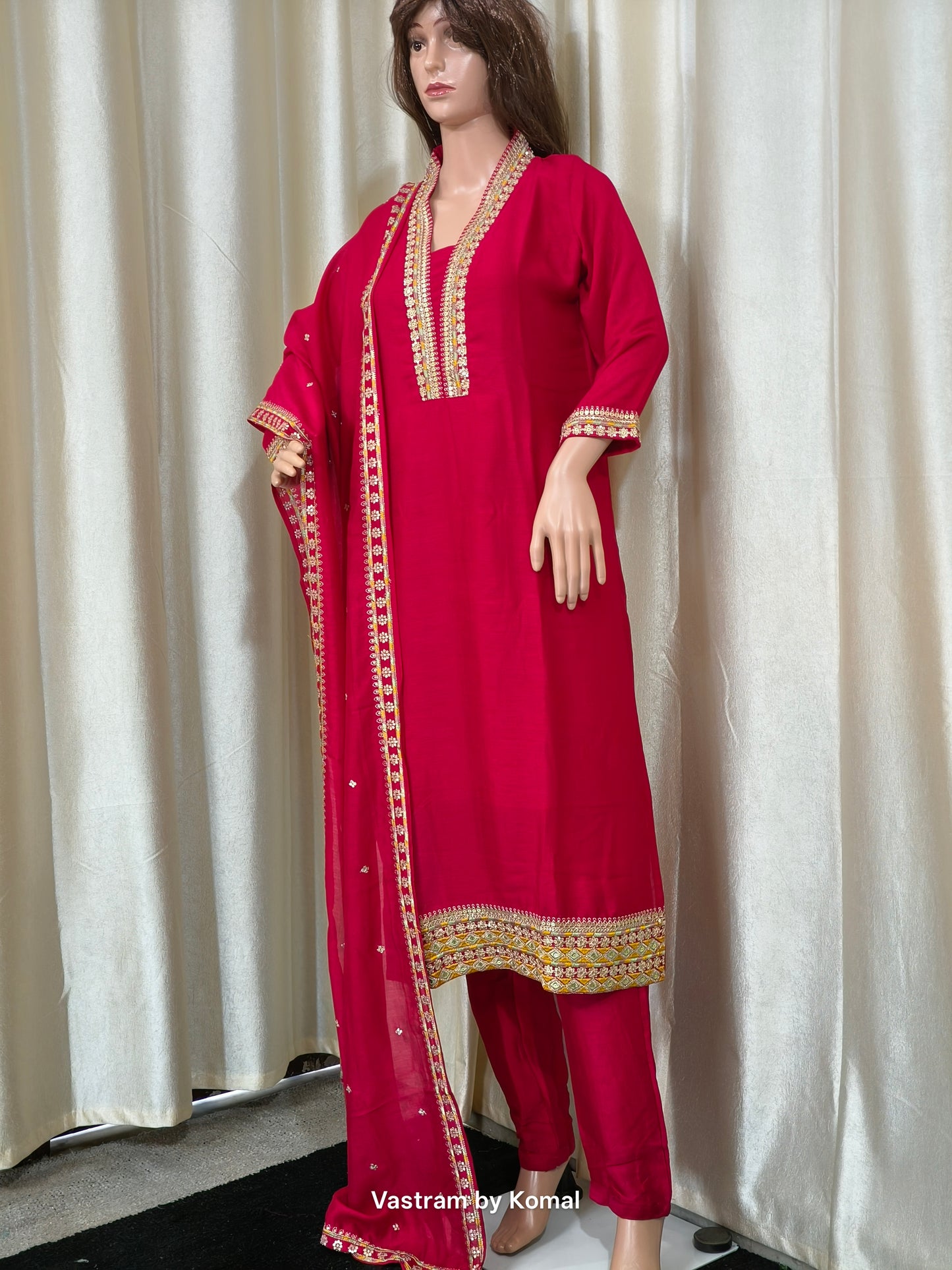 Suit Set - Roman silk, Embroidery, Lace border