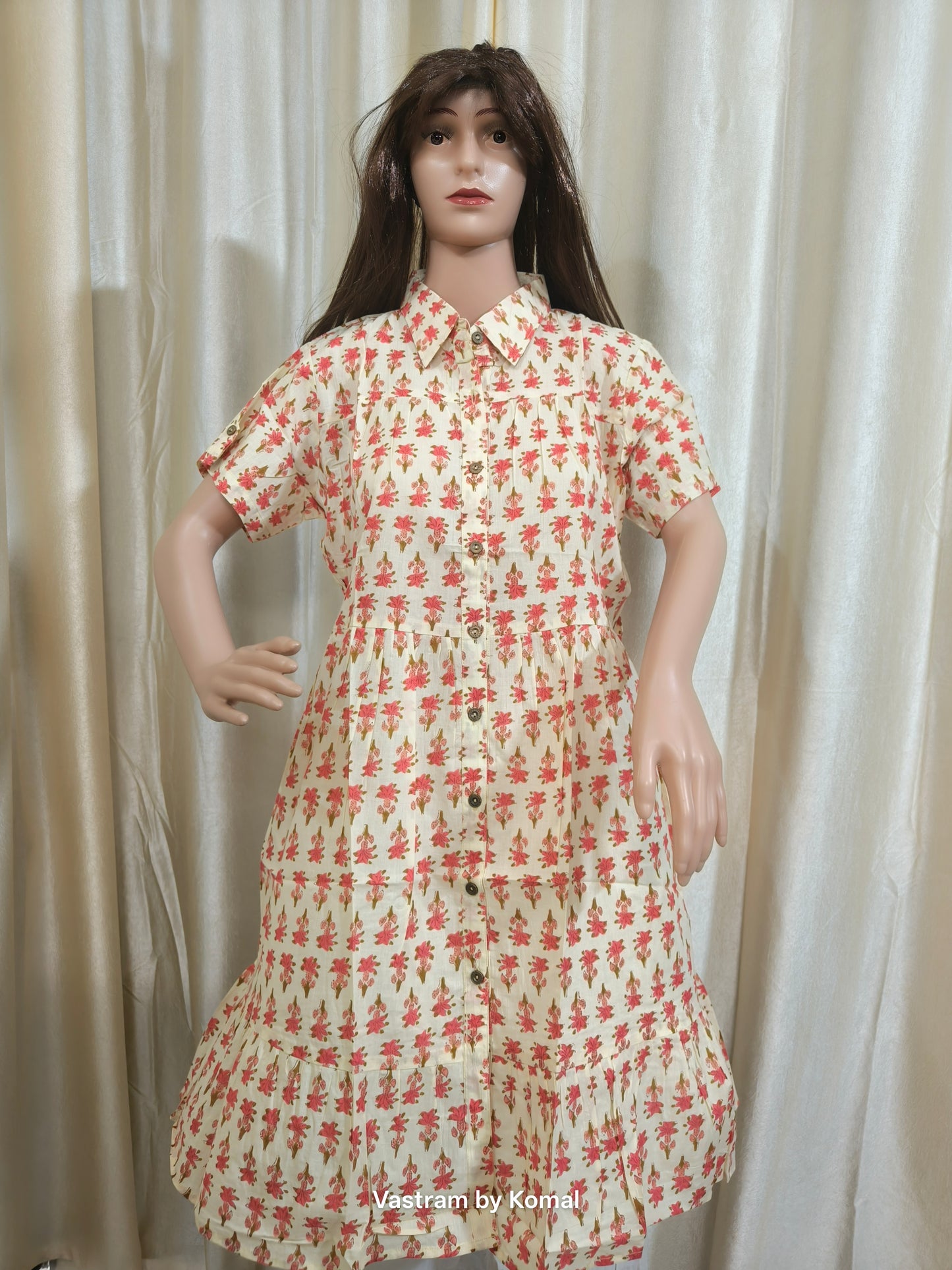 Kurti - Red Floral Printed with Belt (Cotton)
