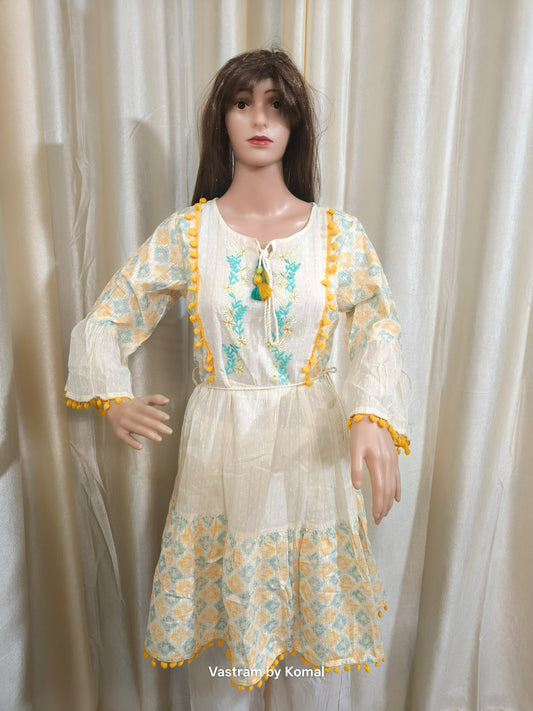 Kurti/Flared Dress - Embroidered & Tasseled (Cotton)