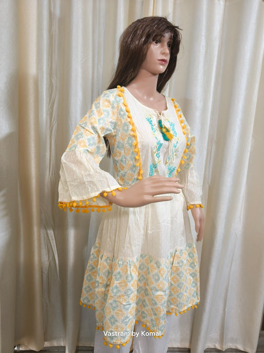 Kurti/Flared Dress - Embroidered & Tasseled (Cotton)