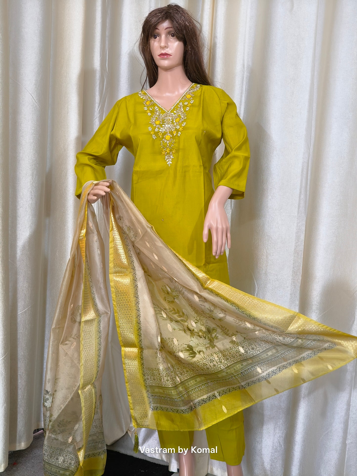 Suit Set - Roman silk, Embroidery work, Digital print dupatta