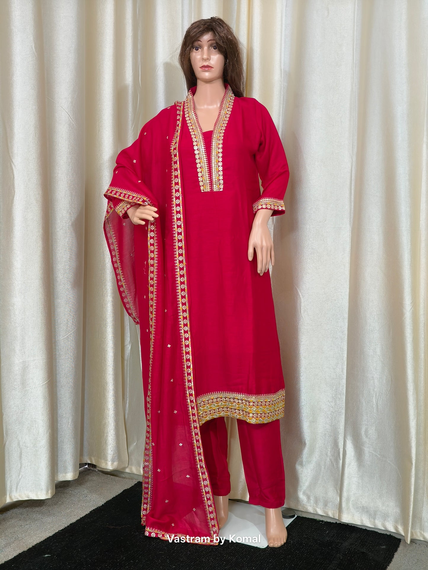 Suit Set - Roman silk, Embroidery, Lace border