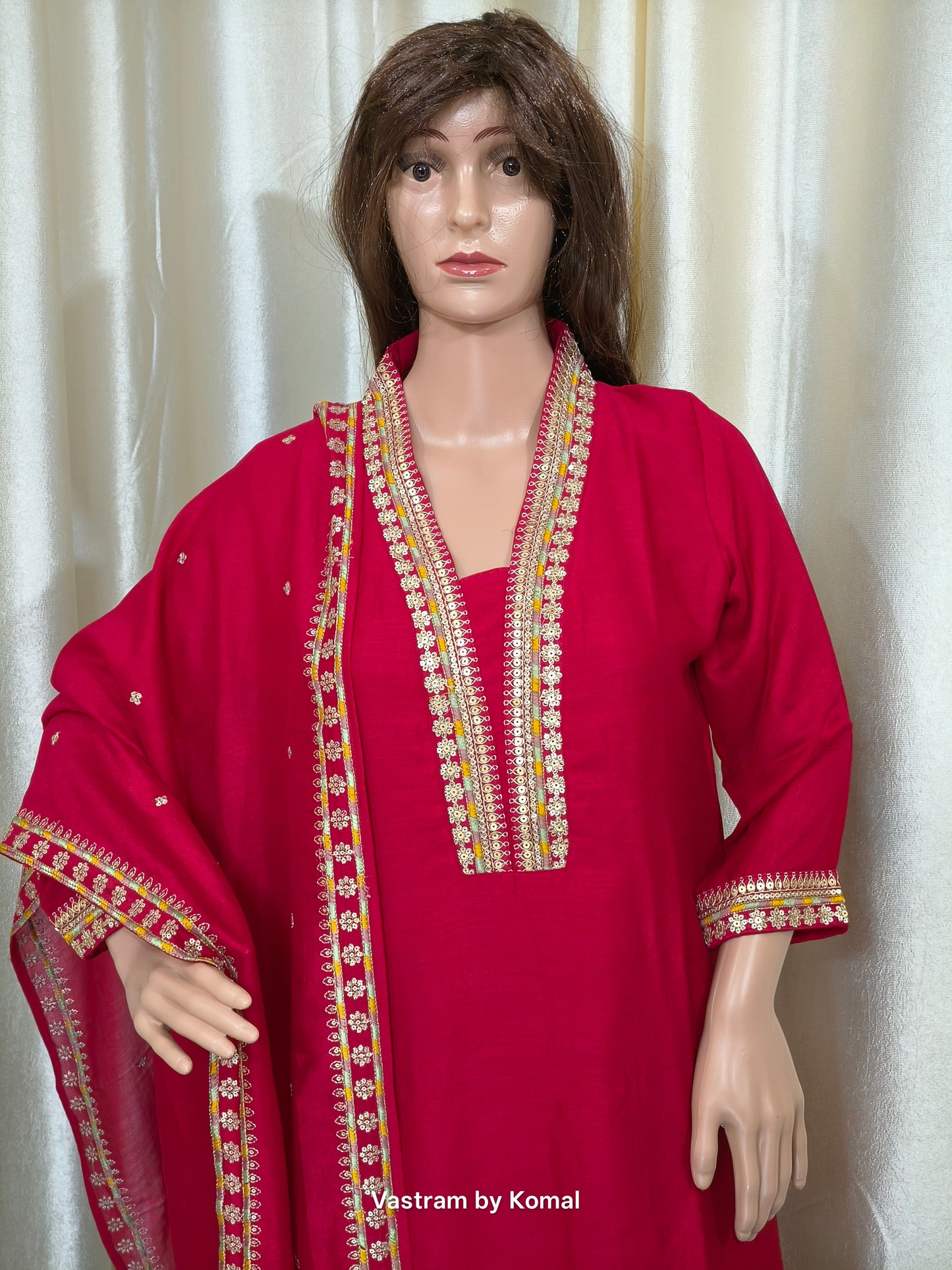 Suit Set - Roman silk, Embroidery, Lace border