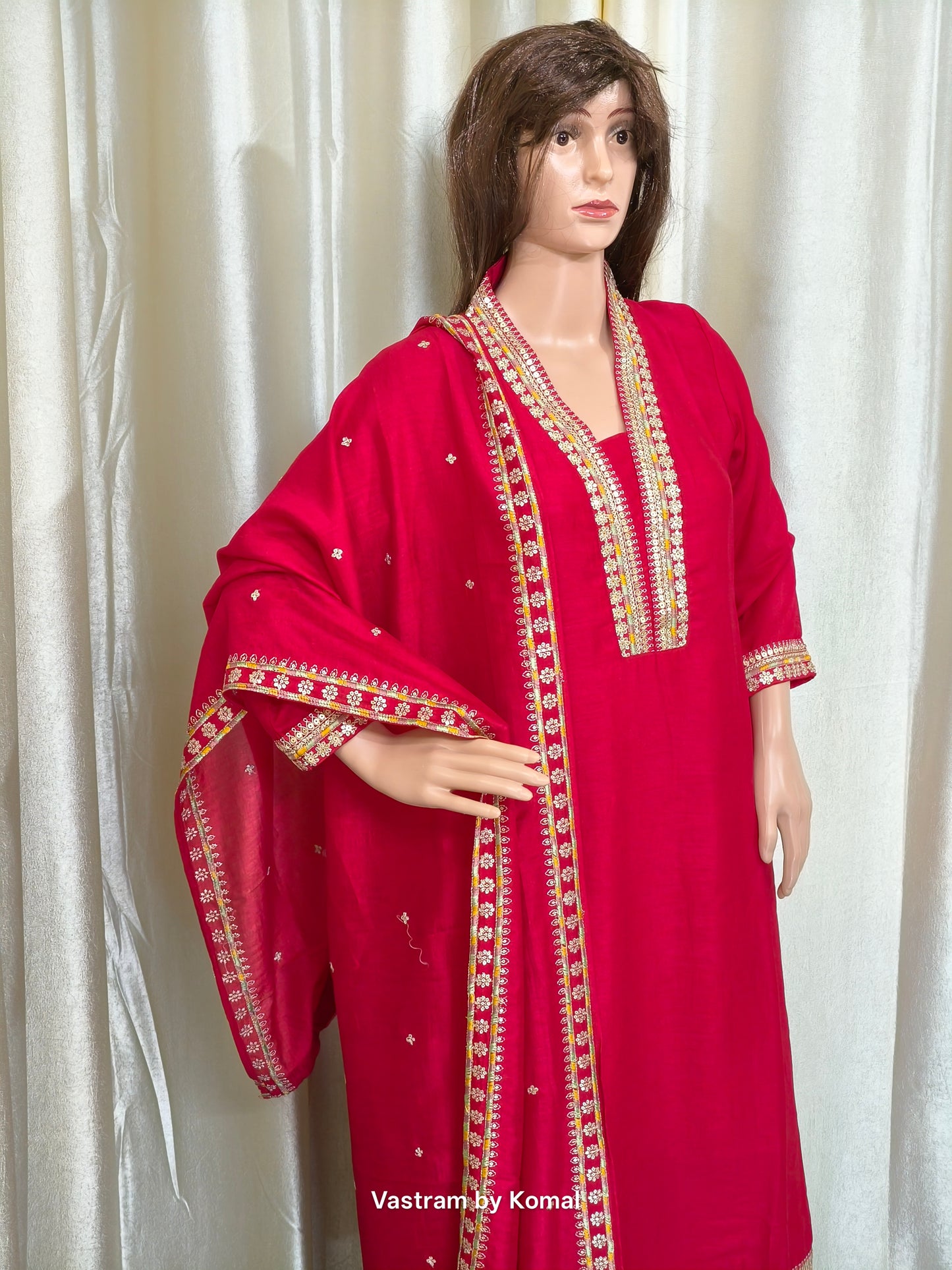 Suit Set - Roman silk, Embroidery, Lace border