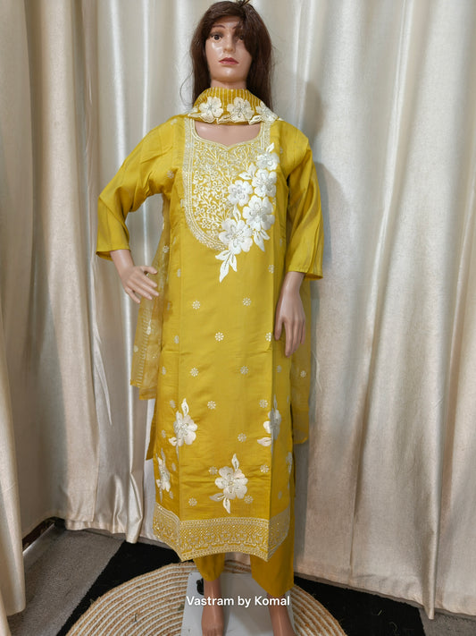 Suit Set - Roman Silk Thread Embroidered Kurta set